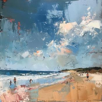 Blue brown impression seaside oil painting